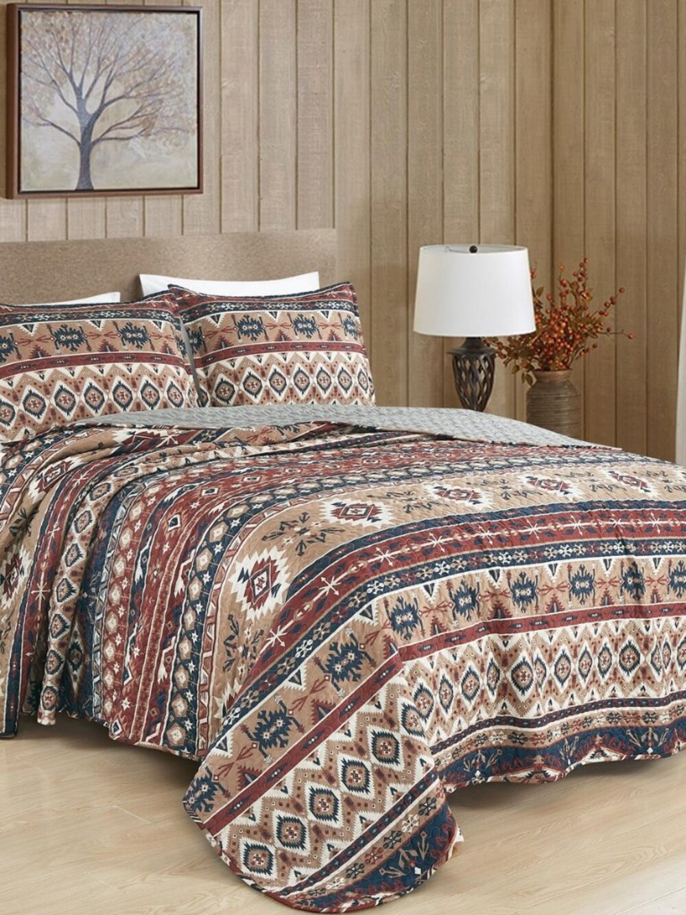 Flint 3-Piece Southwestern Rustic Quilt Set Queen - Multicolor Red Blue White